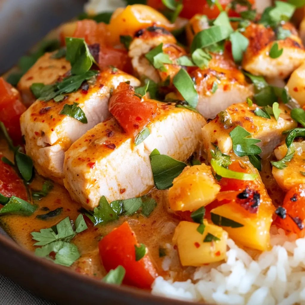 Paprika-Sahne-Hähnchen mit Reis