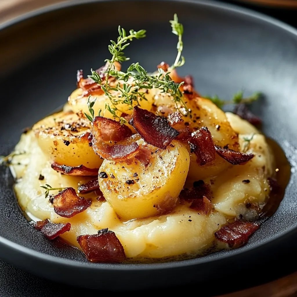 Kartoffelstampf mit karamellisierten Zwiebeln und Speck