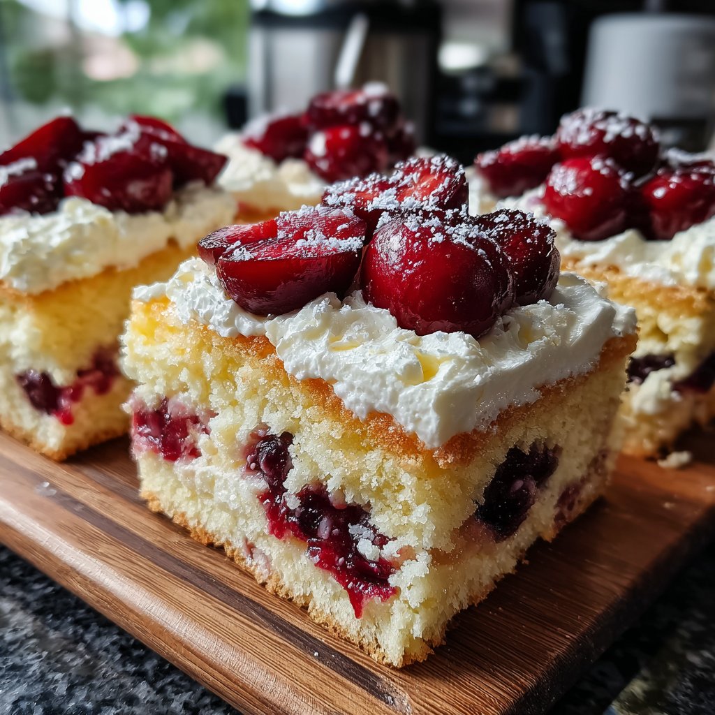 Blechkuchen mit Vanille und Kirschen