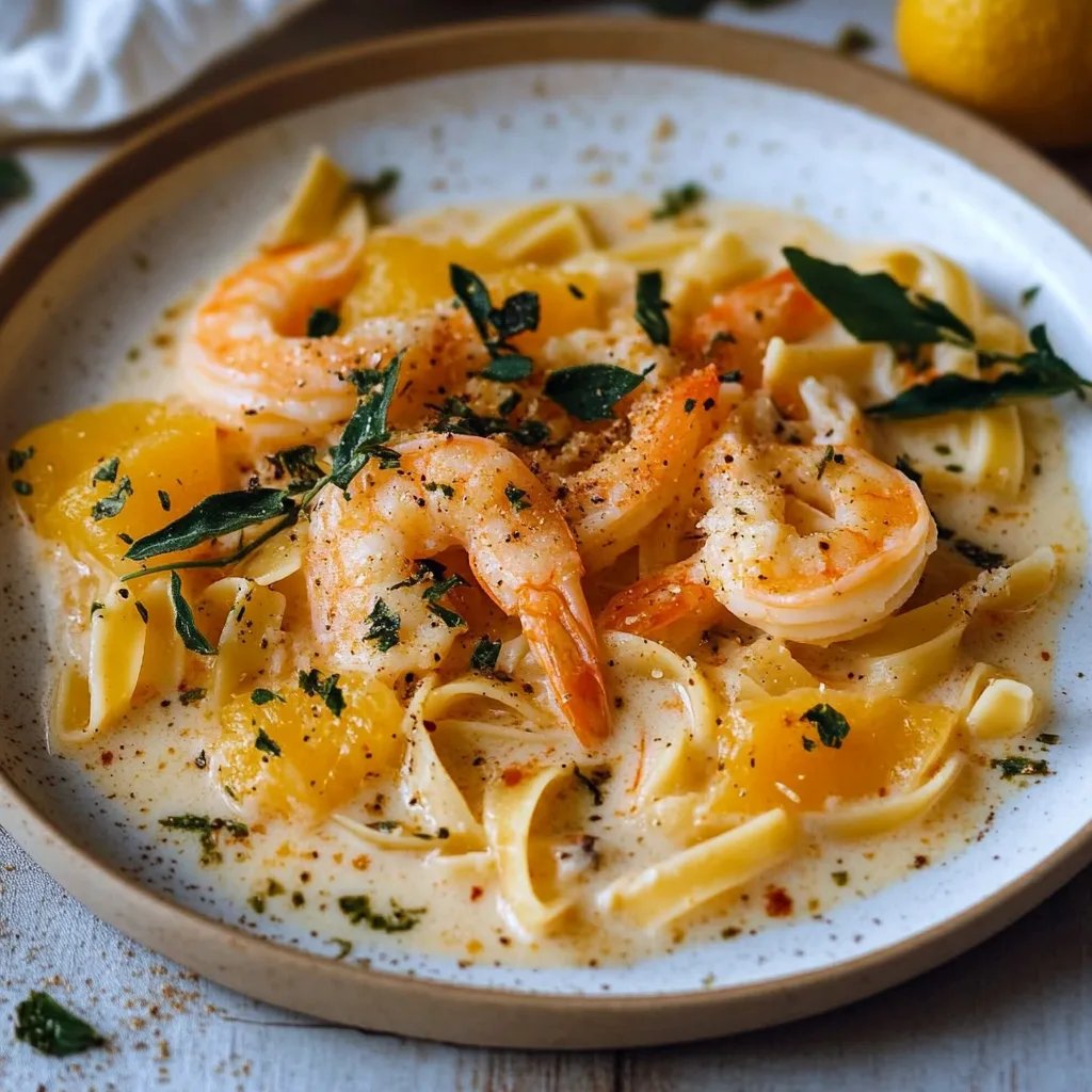 Festliche Stern Pasta mit Orangen Ricotta Sauce und Scampi